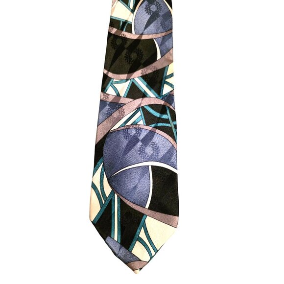 Vintage Necktie Screenplay Martin Wong Silk Geometric Abstract Blue Black Beige - Picture 4 of 8